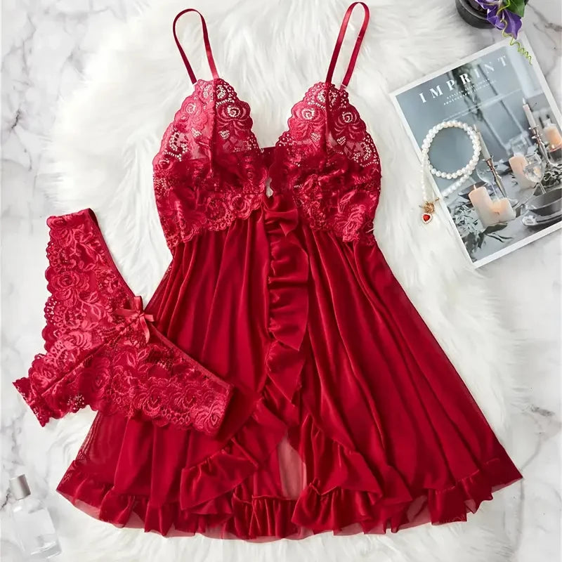 Transparent Lace Women Erotic Open Bra Blue Sling Nightgown Underpants Set Deep V Wedding Night Nightgown Sexy Lingerie Costumes