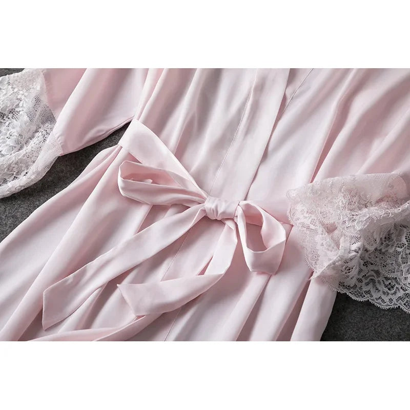 2PCS Pajamas Set White Women V-Neck Sleepwear M-XL Lace Kimono Sexy Nightshirts Flower Nightwear Robe Gown Sleep Suit Nightgown