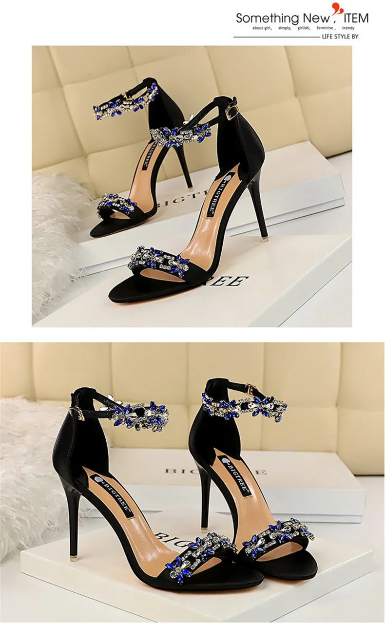 Open Toe Rhinestones Sandals Women 2024 New Designer Luxury High Heels Female Shoes Summer Heeled Satin One Word Belt 368-1