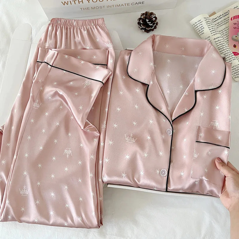 New Japanese-Style Sweet Girl Floral Print Ice Silk Pyjama Set Women's Spring/Autumn Long-Sleeved Top and Trousers Homewear Set