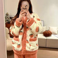 Pyjama épais en flanelle et velours corail fraise, vêtements de maison pour femmes, ensemble de vêtements de nuit à col en v, sa