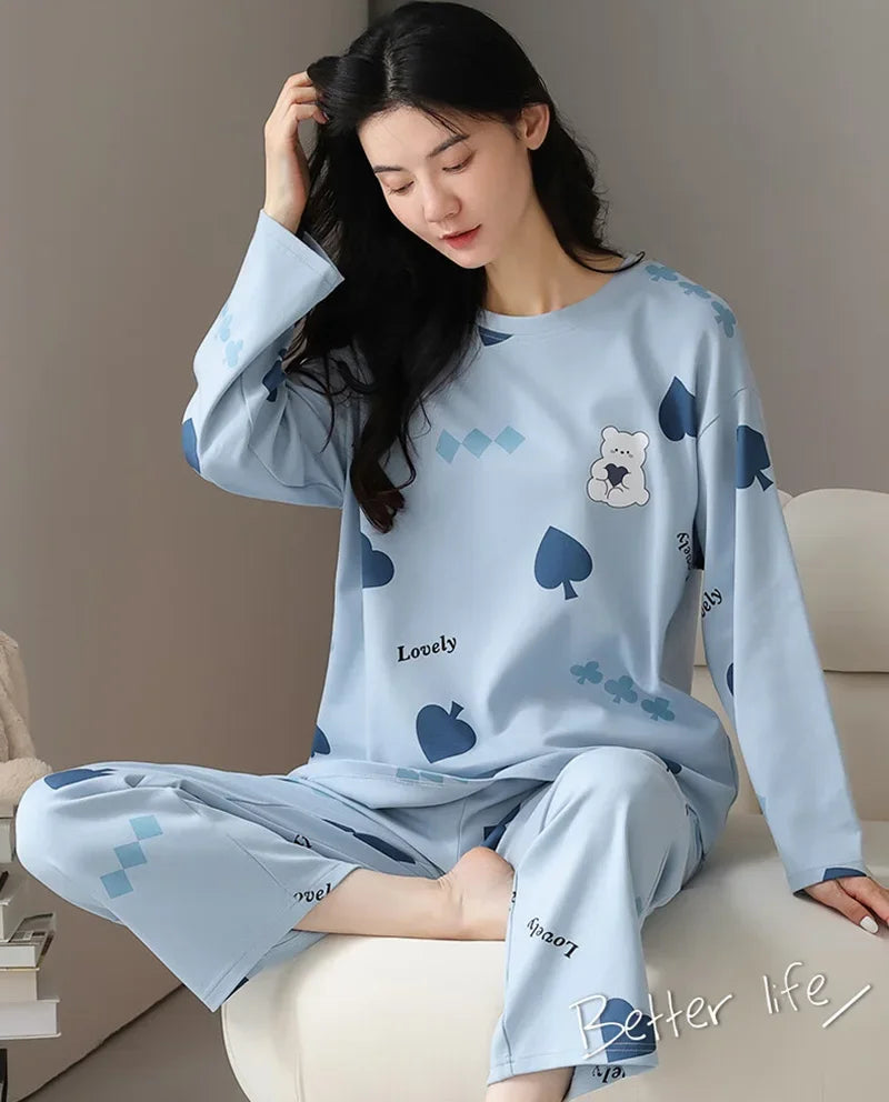 2PCS/Set Ladies Four Seasons Pajamas Long Sleeves Cartoon Casual Student Homewear Girl Giraffe Cute Print Women Sleepwear