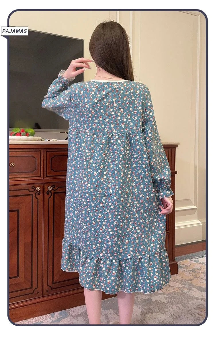 2026 Comfy Long Sleeve Home Dress, Women's Floral Print Loungewear for Spring Autumn, Oversize Sweet Korean Style
