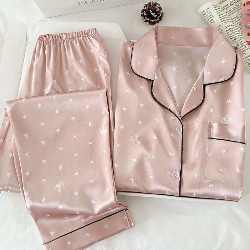 New Japanese-Style Sweet Girl Floral Print Ice Silk Pyjama Set Women's Spring/Autumn Long-Sleeved Top and Trousers Homewear Set