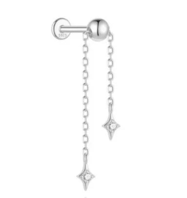 CANNER 1PC 925 Sterling Silver Eight-pointed Star CZ Piercing Earring For Women Ins Tassel Chain Stud Earring Party Fine Jewelry