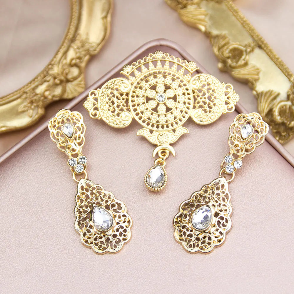 Elegent Arabic Morocco Women Hollow Filigree Brooch Drop Earring Sets Gold Color Bridal Wedding Jewelry Crystal Bijoux