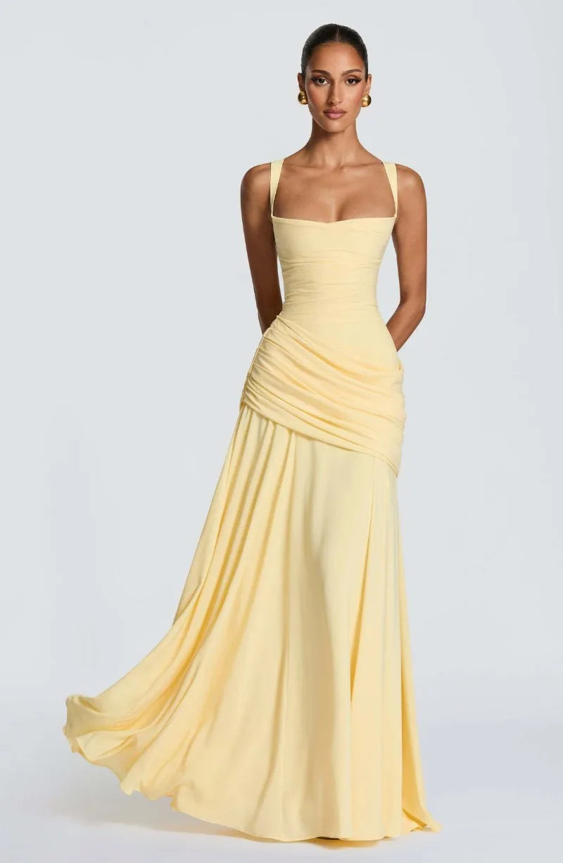 Women Yellow Low Cut Backless High Waisted Dress Cincher Spaghetti Strap Vestidos Party Club Women Robe Elegant Evening Dress