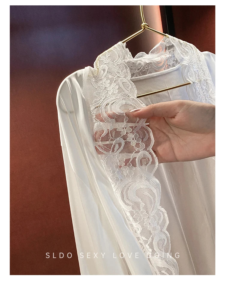 Wedding Bridal Bathrobe Big Lace Flower Nightie Wear Women Satin Kimono Long Loose Peignior Spring Autumn New Intimate Lingerie