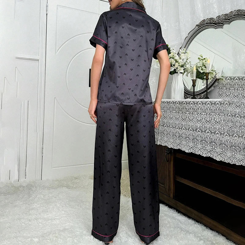 Women Pajamas Sets Spring Short Sleeve Satin Button-Down Top with Pants 2 Piece Pajama Set Sleepwear Pj Set Homewear Loungewear