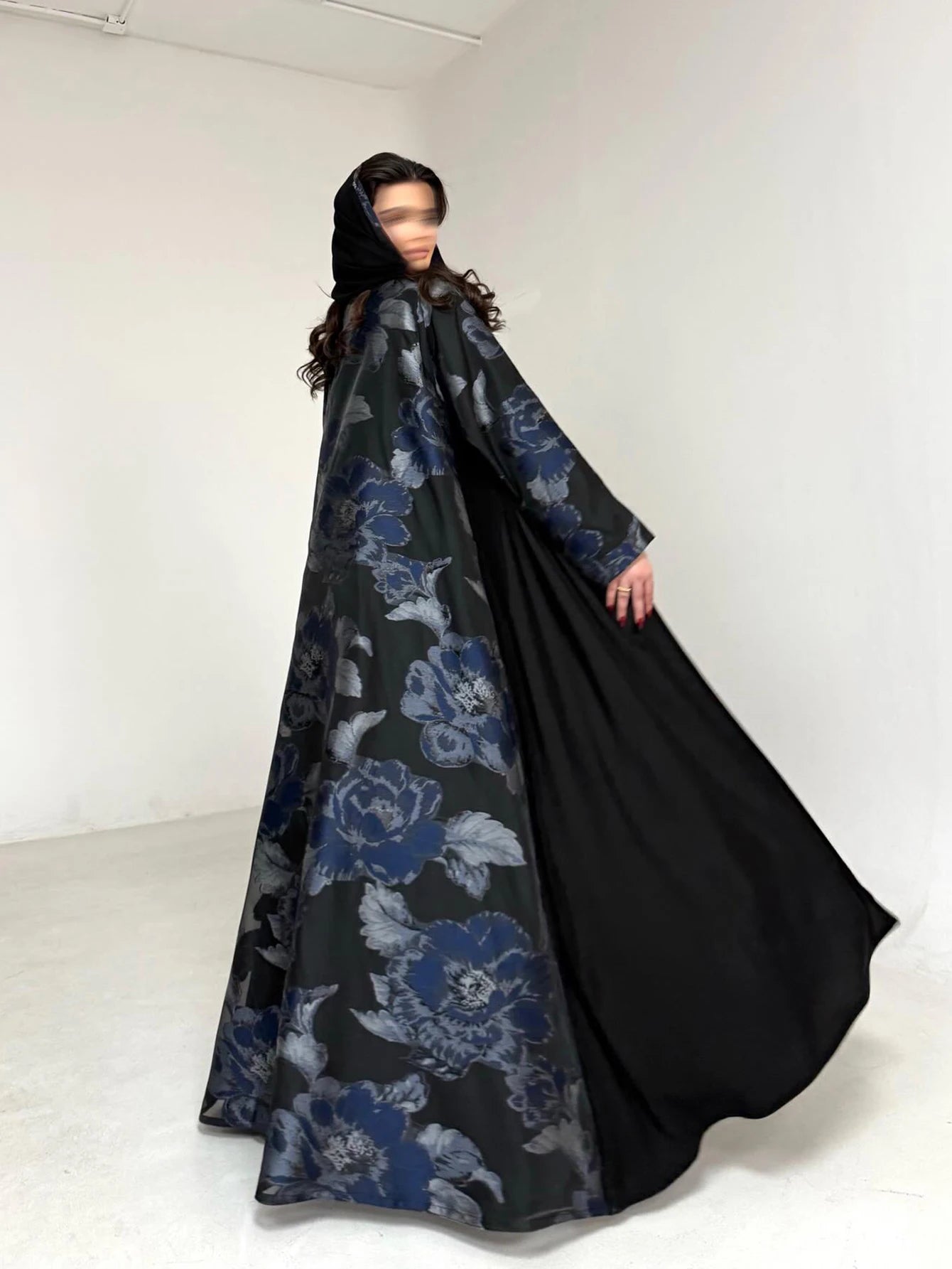 Women's Black Floral Print Abaya, Loose Long-Sleeved Elegant Arab Robe