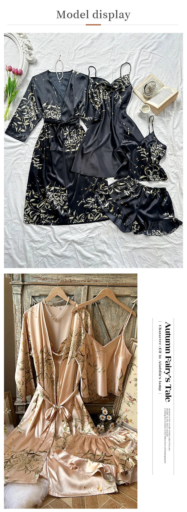 Oversize Pijama Mujer Print Flower 4Pcs Robe Pajama Set Loungewear Summer New Ice Silk Kimono Bathrobe Gown Loose Women Homewear