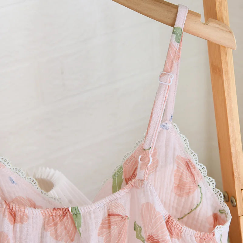 2026 New Summer Women's Pajama Set 100% Cotton Suspenders+Shorts with Chest Pads Two Piece Set of Ladies Flower Home Furnishings