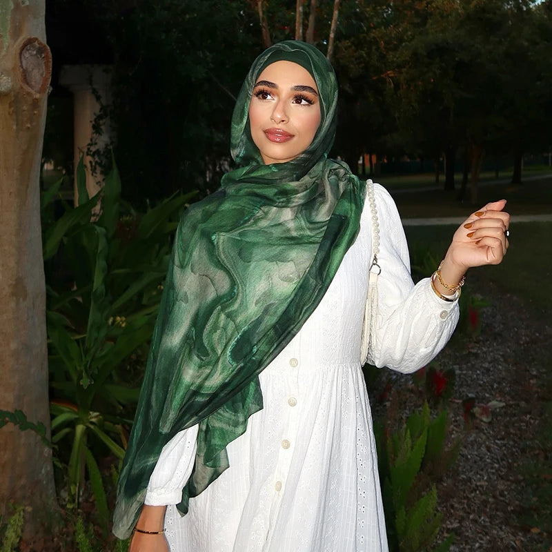 Watercolor Print Hijab Muslim Marble scarf Soft Breathable Sun Protection Lightweight Summer beach Wrap for Women