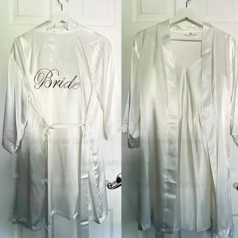 Sliver Embroider Bride Robe Wedding Dress Kimono Gown Short Satin Sleepweawr Bridesmaid Bachelor Party Slipper Loungewear