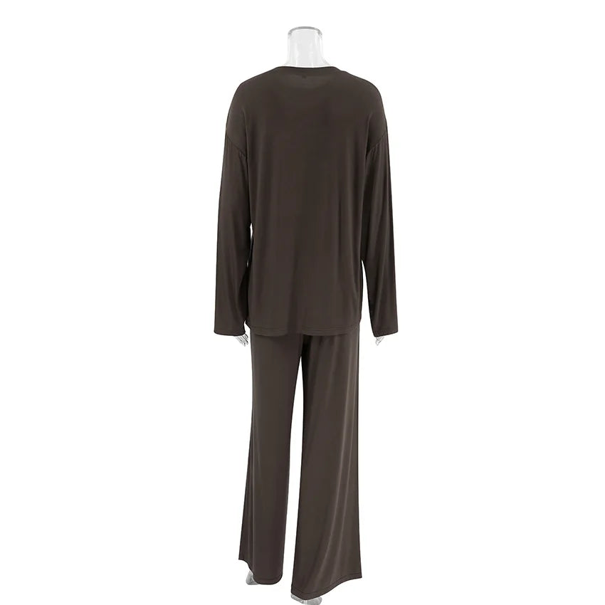 New 2026 Brown Loose Female Sleepwear Suit O-Neck Nightgowns Long Sleeve Nightwear Wide Leg Pants Women's Pajamas 2 Piece Set