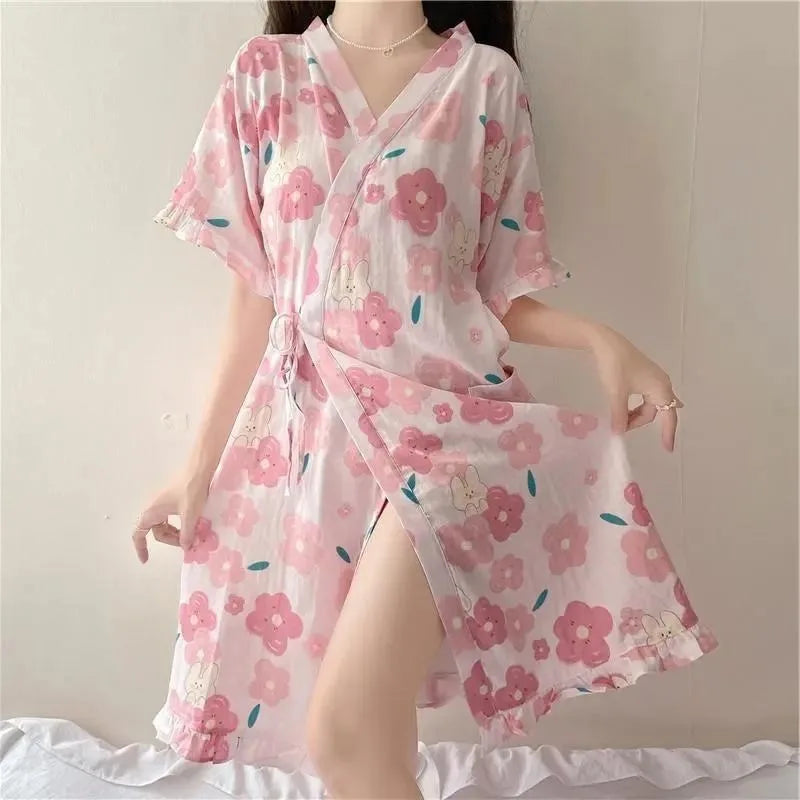 150kg Extra Large Size Robes 3XL Japanese Kimono Women Loose Floral Strap Nightgown Knee Length Bathrobe Plus Size Loungewear