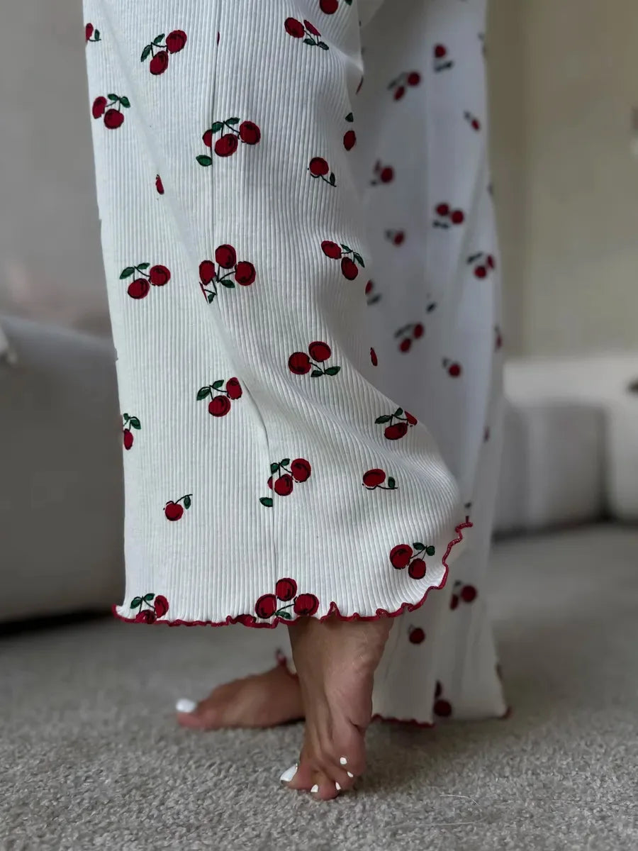 Autumn Winter Pajama Set Women 2pcs Y2K-Style Cherry Print Cuffed-Long-Sleeve Tops and Long Trousers Sleepwear Homewear