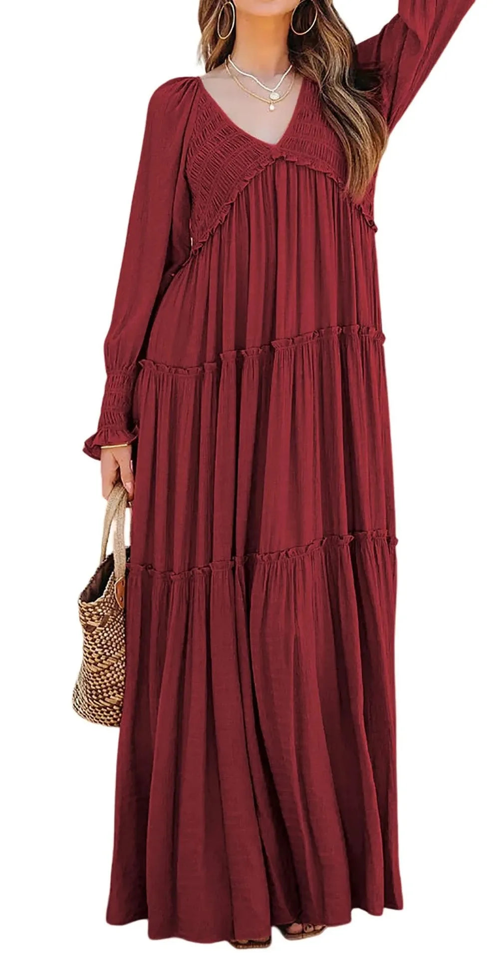 Long Dress Women Vintage V Neck Long Sleeve Dresses Loose Y2k High Waist Shirring Casual Summer Loose 2025 Elegant Slight Strech
