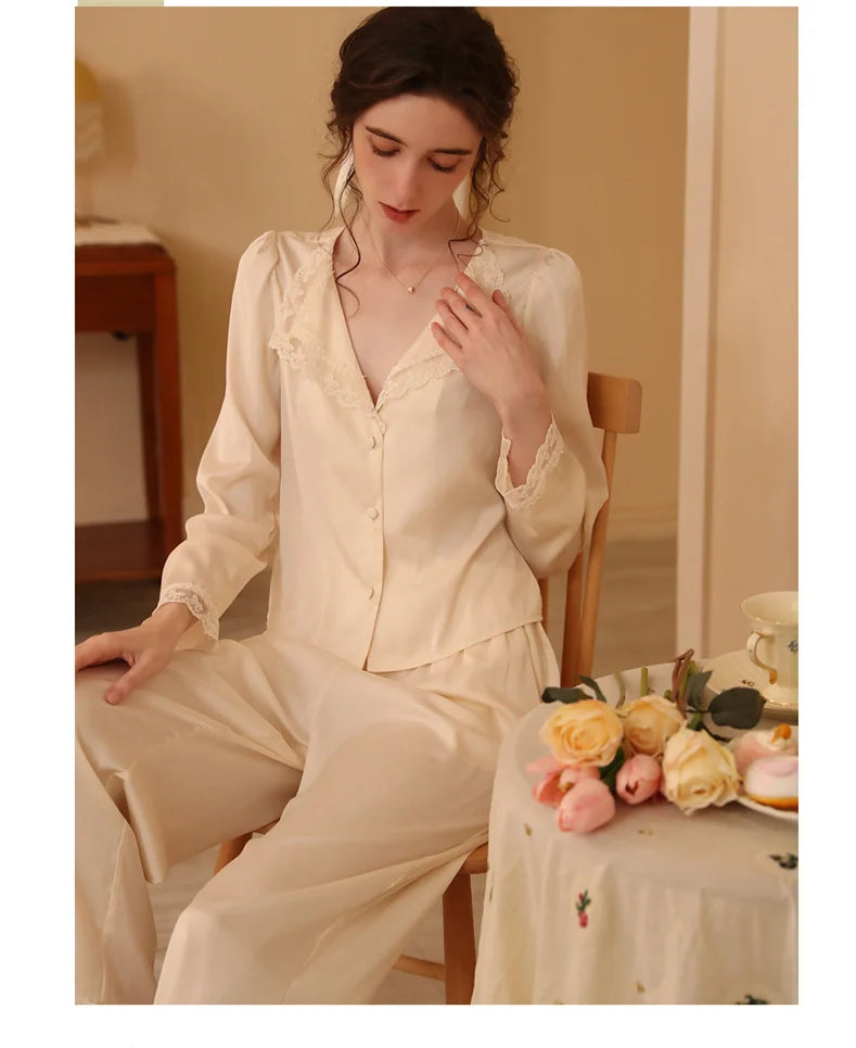 Two Piece Pajamas Set Women Satin Nightwear Home Clothes Spring Autumn Long Sleeve Shirt&pants Sleepwear Suit