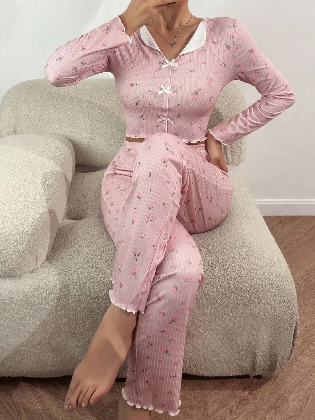 Y2K Cute Floral Ribbed Pajama Set Womens Long Sleeve V Neck Two Piece Sleepwear Homewear Autumn Winter Bow Lettuce Trim New Hot