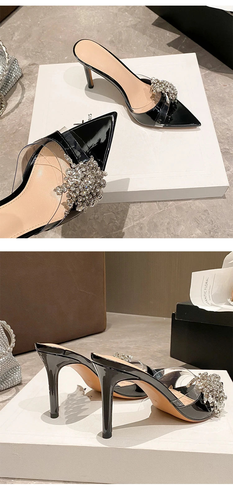 Sexy lady 2026 Diamond-Encrusted Pointed-Toe Mules Women's Sandals Transparent High Heels Sexy Thin Heel Versatile Slipperss