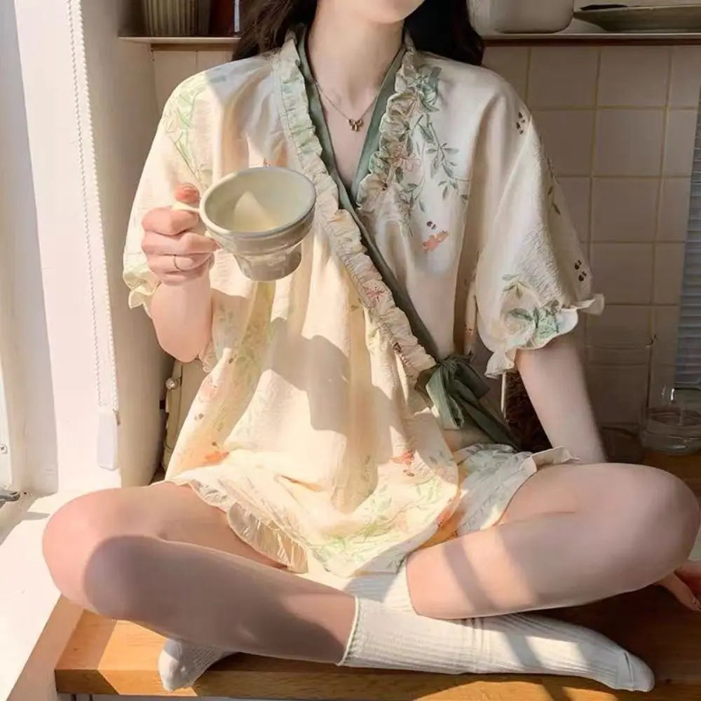 New Chinese Style Lace Up Pajama Suit Flower Reffle Shorts Sleeve Nightwear Women Homewear Loose Two Pieces Sleepwear Sets Home