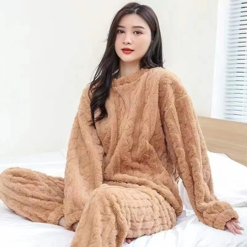 Ensemble pyjama épais et chaud en molleton de corail pour femme, vêtements de maison imprimés de dessins animés, vêtements de nu