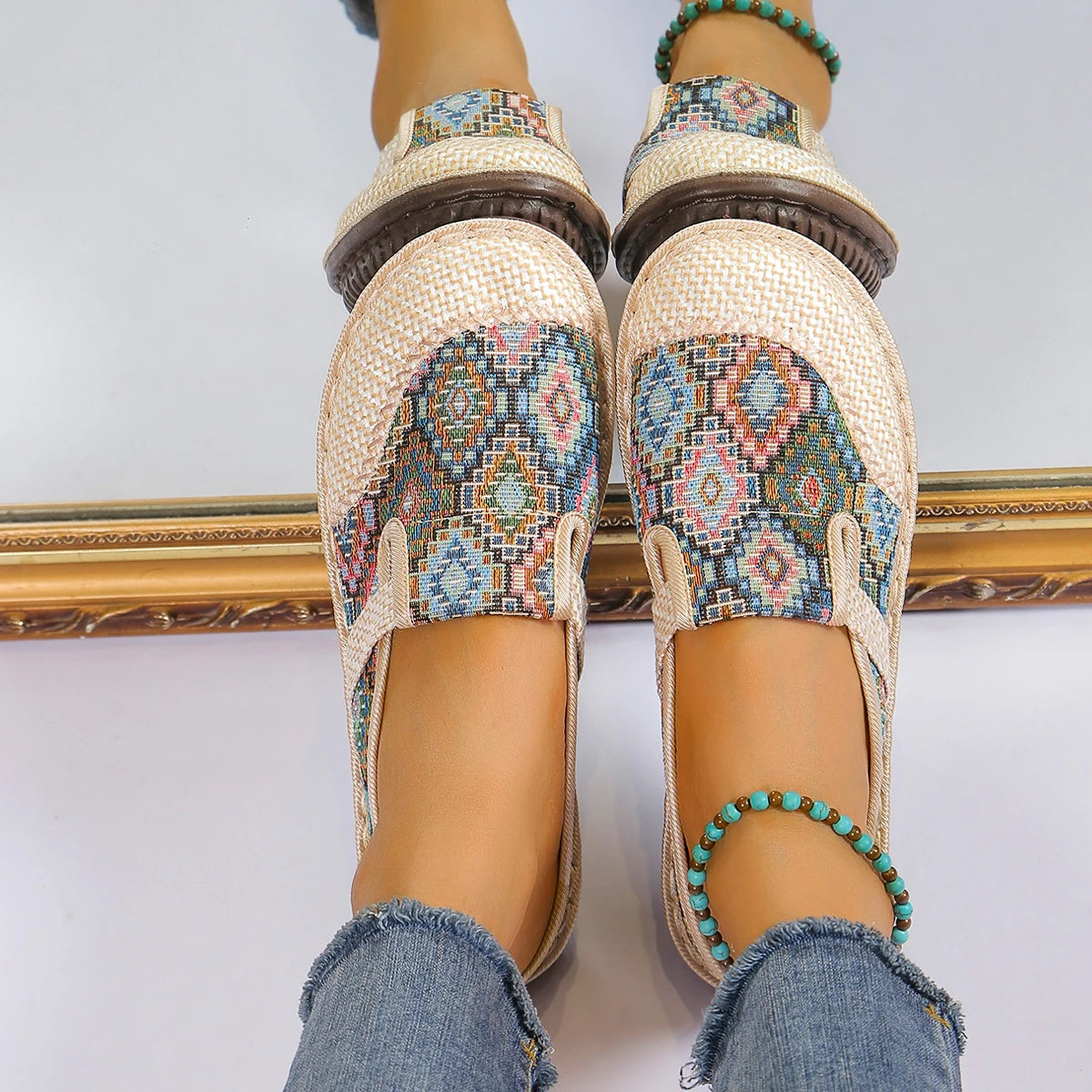 Lady Bohemian style open-toe Mule shoes, round-toe non-slip casual slippers