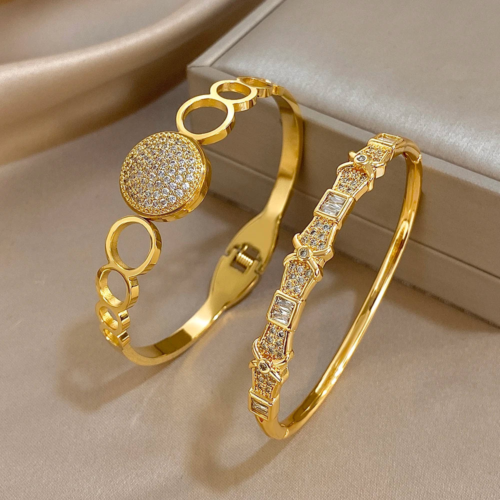 New Stainless Steel Waterproof Cuff Bracelet Bangle For Women Exquisite Shiny Inlaid Zircon Geometric Stacked Jewelry Gifts