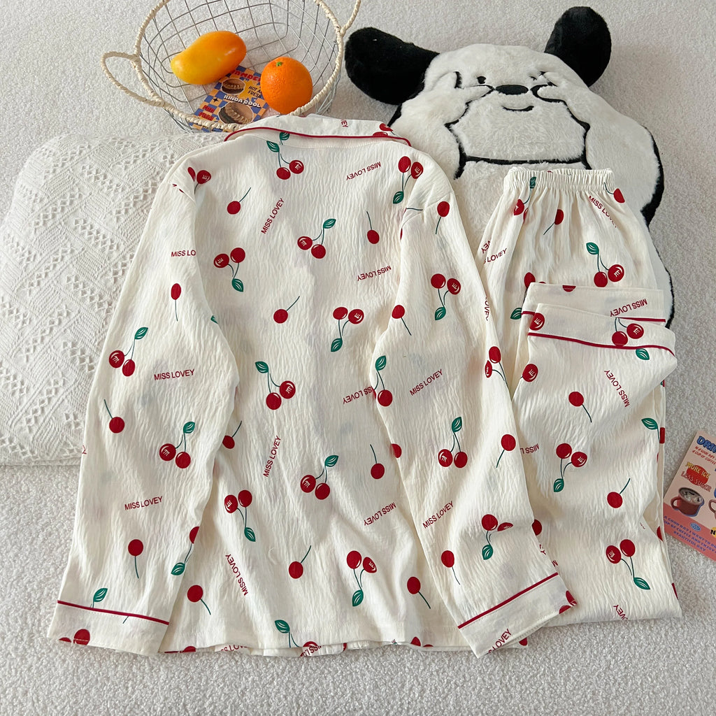 Cherry Print Women's Pajamas Set Fall Spring Plaid Print Loungewear Long Sleeve Cardigan Top and Pants Home Sleepwear