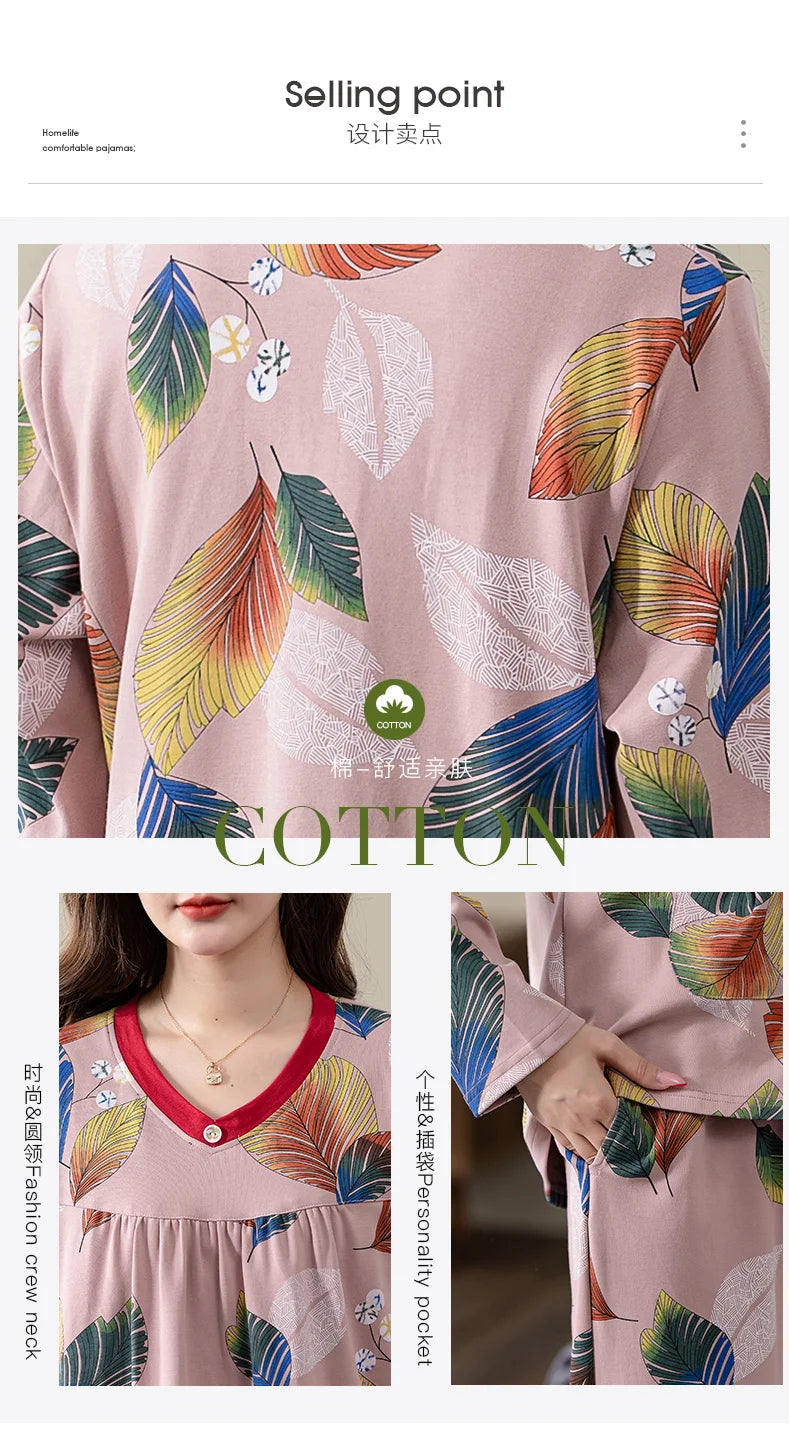 Pajamas Sets Women Floral Cotton Fashion Lace Women Long Sleeve Sleepwear Suit 2 piece Sexy Autumn Home Lounge Gift XXXXL