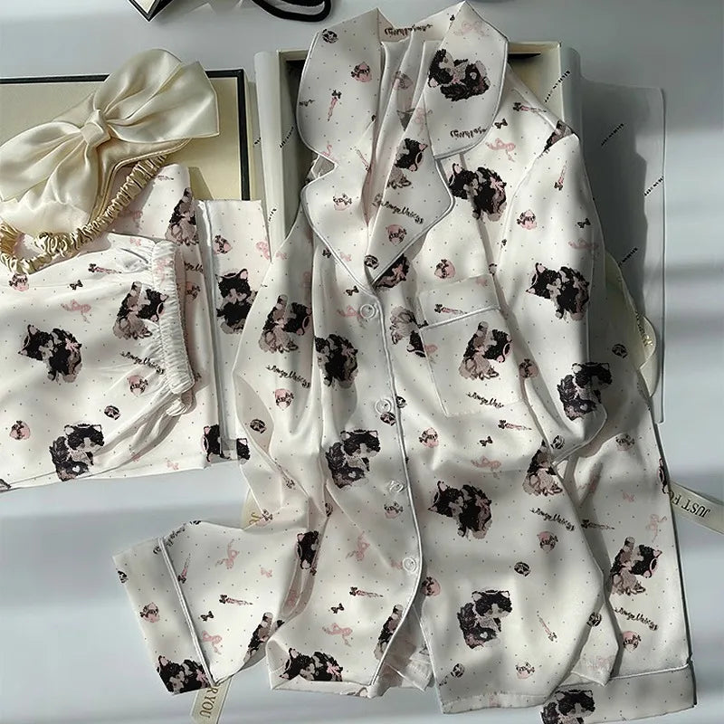 Women's Pajamas Set Fun Cute Print Sleepwear Button Lapel Neck Pajama 2 Piece Suit Pyjama Femme Nightwear Loungewear for Summer