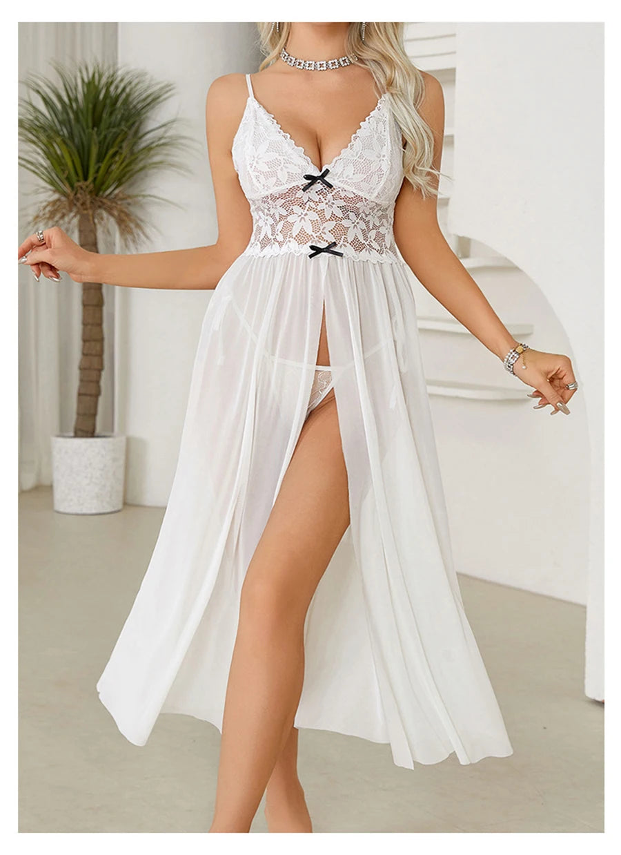 Women Sexy Floral Lace Mesh Nightgown V-Neck Sleeveless High Slit Backless Slip Dress with Bowknot Suspender Lingerie Sleepwear