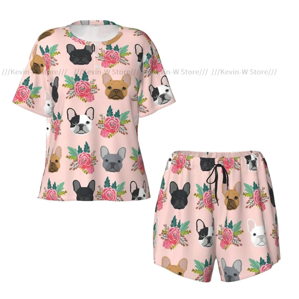 Women Pajamas Set Short Sleeve French Bulldog Flowers Florals Dog Sleepwear Loungewear for Summer Nightwear