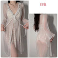 Sexy Female Mesh Robe Nightgown Set Kimono Bathrobe Gown Print Floral Lace Suspender Night Dress Sleepwear Loose Satin Homewear