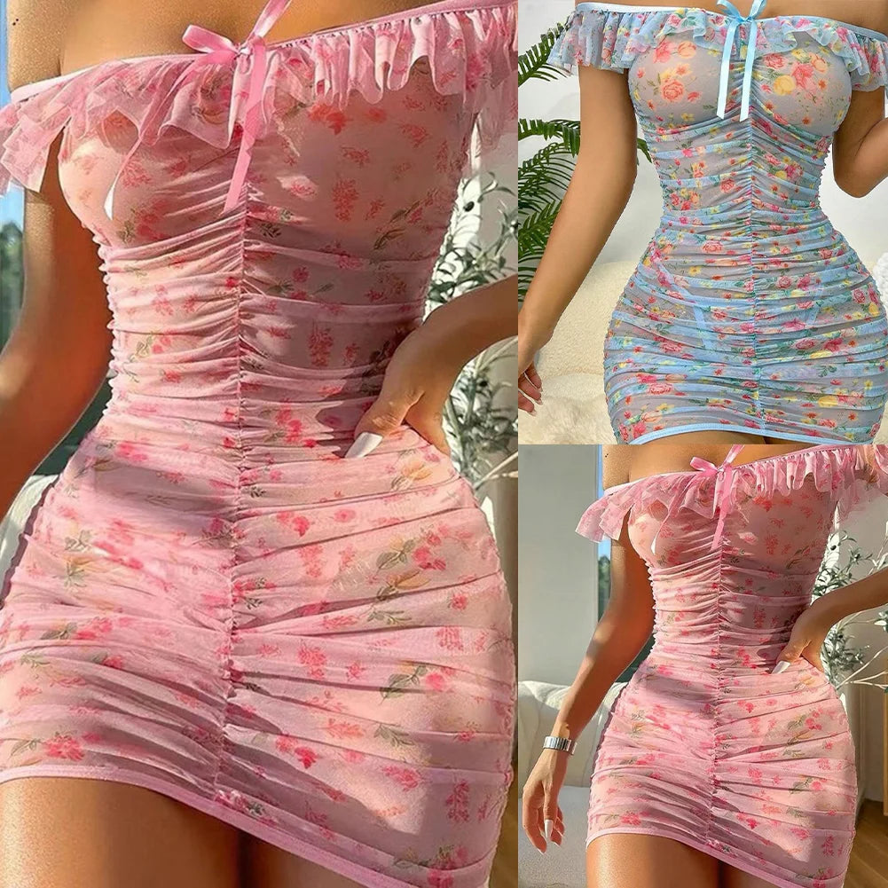 Women Sexy Pajama Nightdress Transparent Floral Mesh Print Nightdress Set Nightwear Nightgown Dress Lingerie