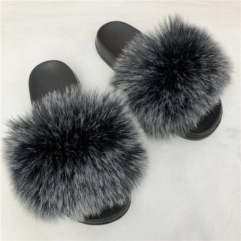 Ladies Fluffy Slippers Summer Women Faux Fur Soft Slides Stylish Open Toe Sandals Outdoor Indoor Furry Comfortable Beach Shoes