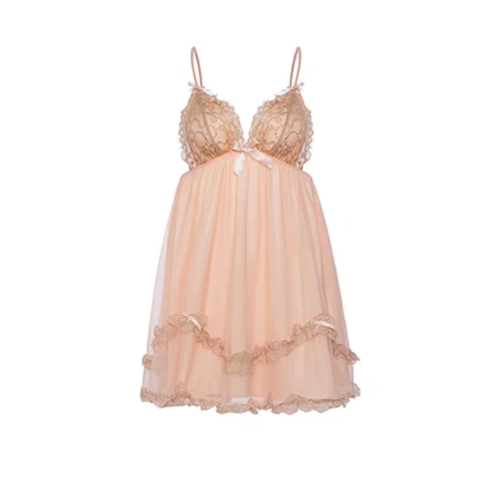 Lace Bowknot Women's Pajama Dress Flower Ruffle Suspender Nightdress Sleeveless Sleepwear Sling Nightgown with Pads Summer