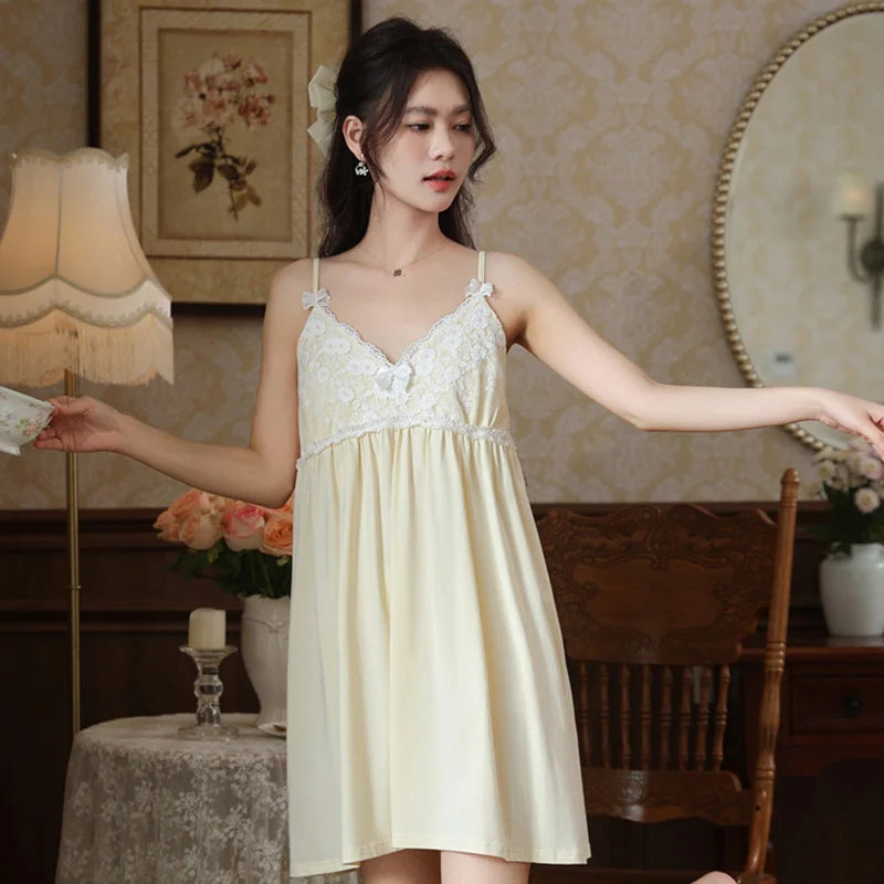 Cotton Strap Sleepwear for Women Summer French Sweet Lace Embroidered Pure Sleeping Dress with Chest Mat Home Clothes