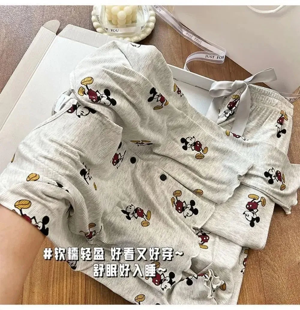 Potdemiel Mickey Women's Pajama Set Autumn, Korean Style Long Sleeve Loungewear, Premium Cotton Sleepwear with Pants