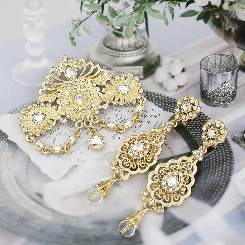 Elegent Arabic Morocco Women Hollow Filigree Brooch Drop Earring Sets Gold Color Bridal Wedding Jewelry Crystal Bijoux