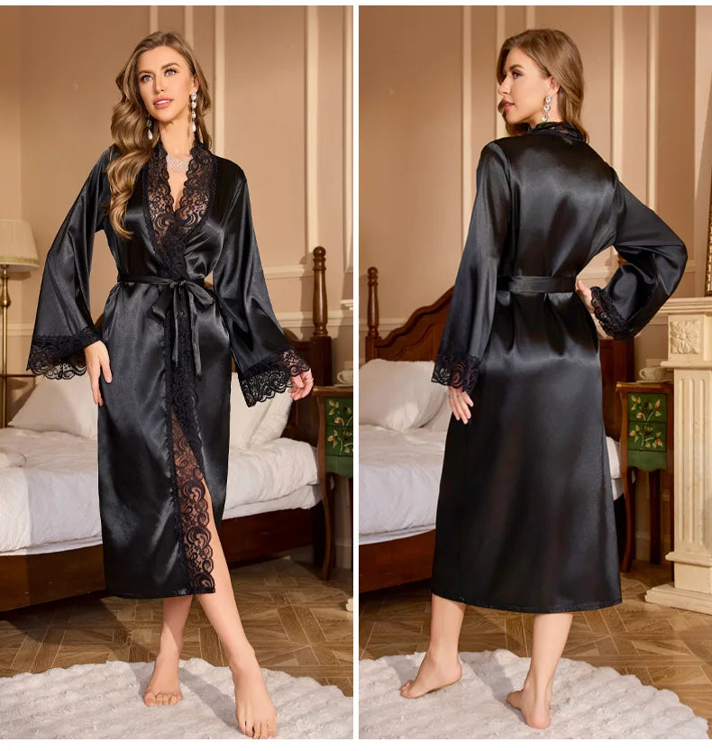 Black Silk Satin Long Robe Negligee Kimono Bathrobe Gown Spring Summer New Female Sleepwear Home Dressing Gown Loose Loungewear
