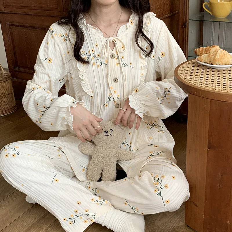 Cotton Women's Pajamas Set Floral Printed Long Sleeve Sleepwear Home Clothes Casual Ladies Nightwear Sleeping Pyjamas Suit