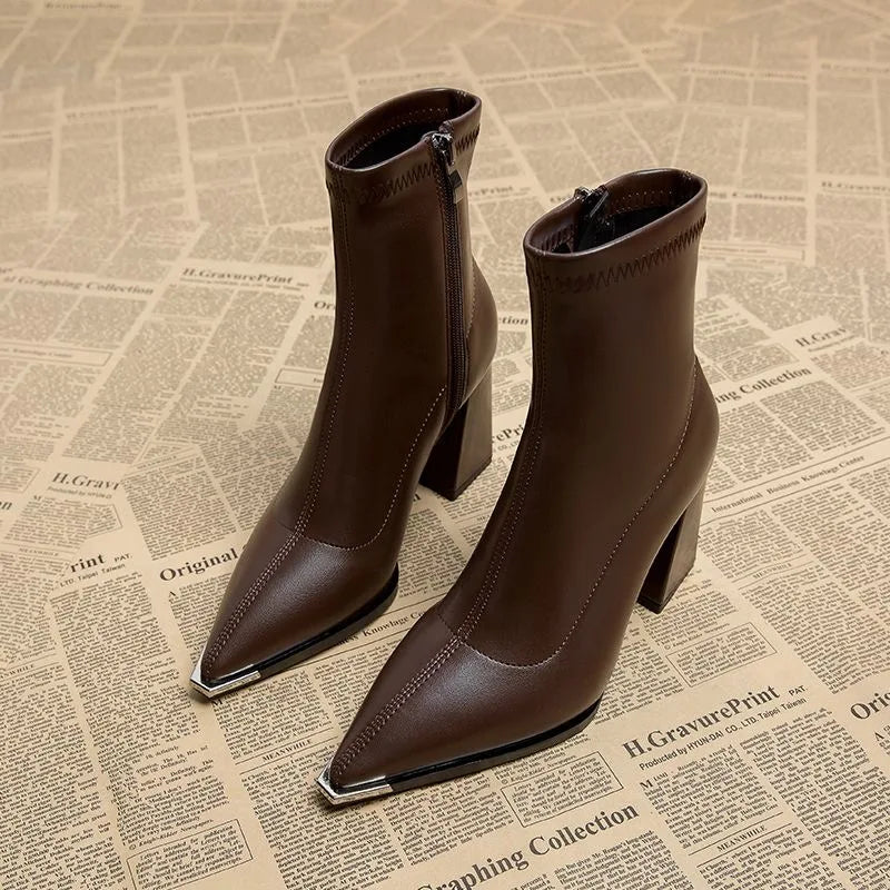 Brand Pu Black Ankle Boots 2025 Autumn French Retro Pointed Toe High Heel Chelsea Boots Metal Decoration Designer Short Booties