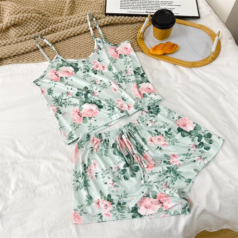 Summer Elegant Floral Print Sleepwear Women Sexy Ultra-Thin Vest and Shorts Comfortable Loungewear Breathable Nightwear HomeWear