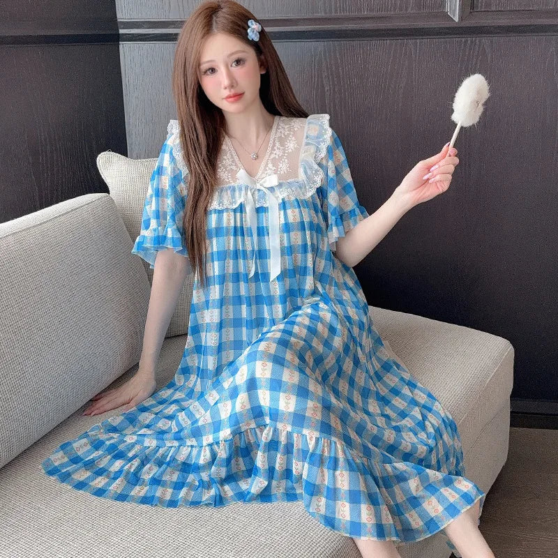 Floral Lace Nightgown with Cheat Pad Korean Women Summer Short Sleeve Pajamas Dress Princess Style Loose Nightdress Loungewear