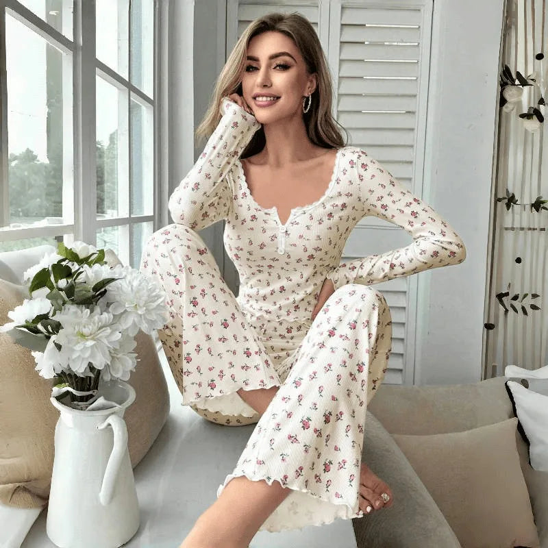 Leisure Floral Pajama Set with Spring and Autumn Long Sleeves and Pants Worn Outside Fashionable and Comfortable Home Clothes