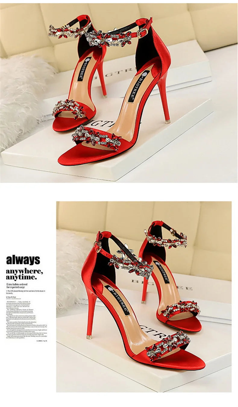 Open Toe Rhinestones Sandals Women 2024 New Designer Luxury High Heels Female Shoes Summer Heeled Satin One Word Belt 368-1