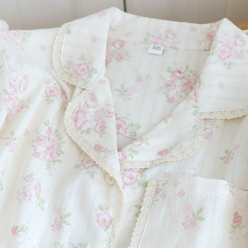 2026 New Spring/Summer Women's Pajama Set 100%Cotton Gauze Fresh Flower Collar Long Sleeve Two Piece Set Thin Loose Home Clothes