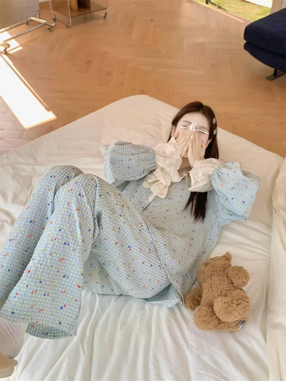 Korean Style Sweet Style Floral Pajamas for Women New Long Sleeve Long Pants Lace Trim Homewear Set Autumn Winter Loungewear Hot